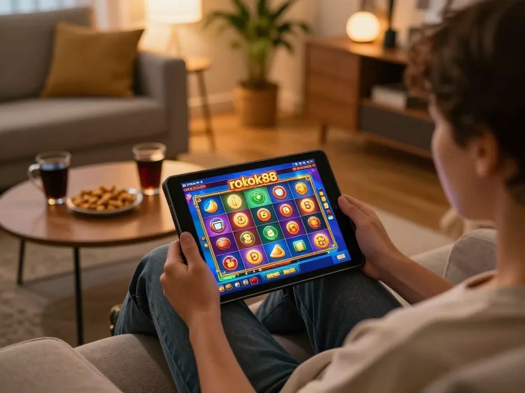 Pemain yang terlibat memutar permainan slot rokok88 di tablet dalam suasana rumah yang nyaman dengan warna-warna cerah.