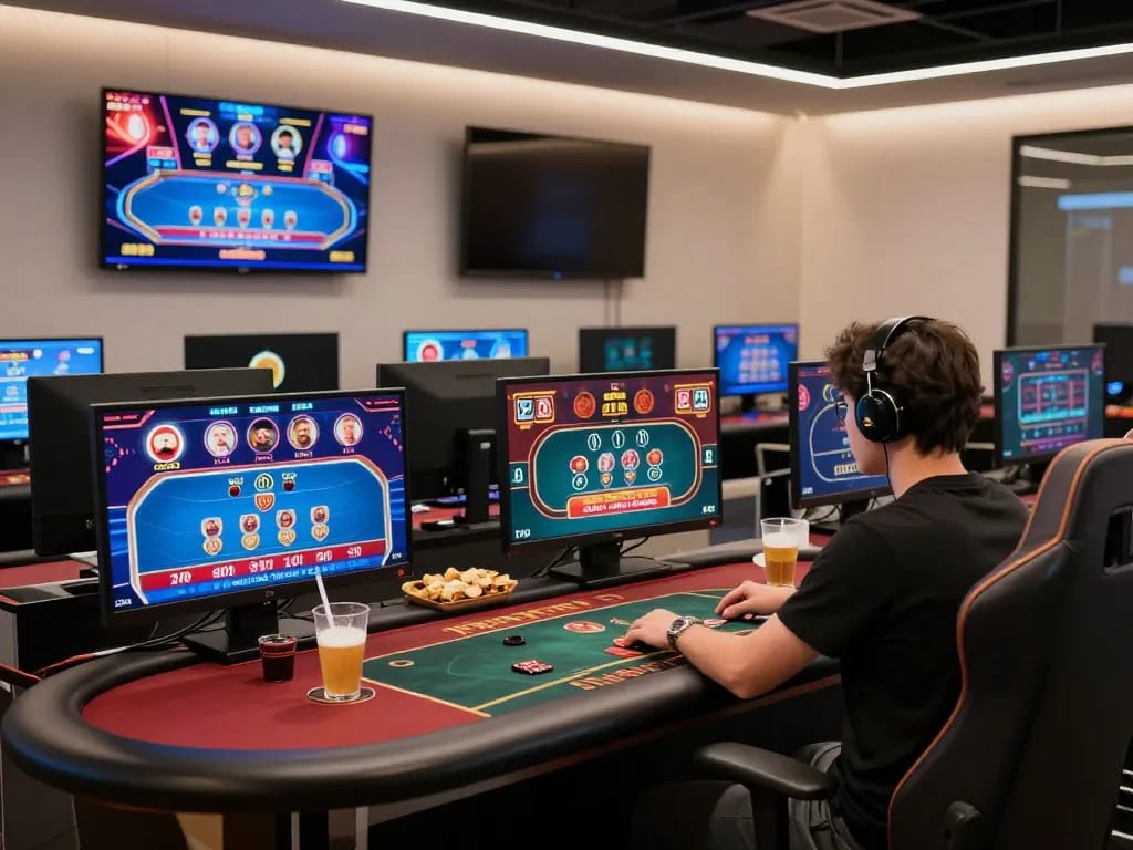 Engage in strategic online gameplay with QQ888 on multiple screens displaying casino games.