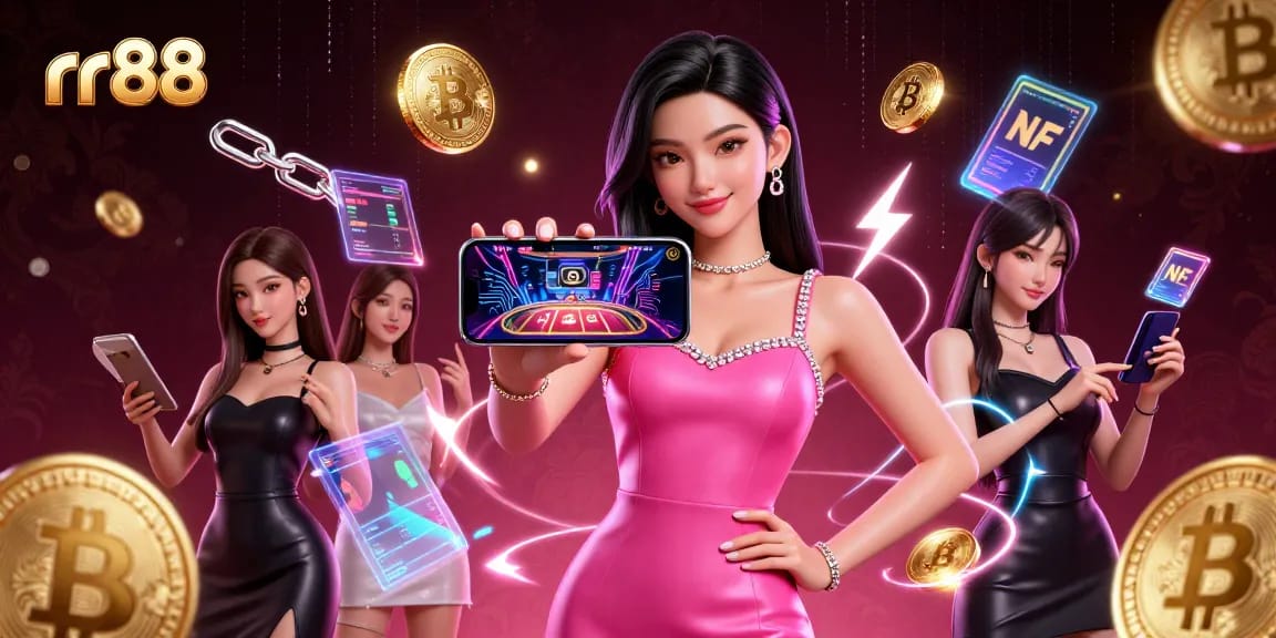 Engage with rr88's thrilling live dealer games through an innovative mobile experience featuring a stylish Asian woman.