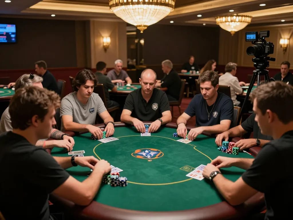 Players engaging in an intense poker game at a stylish casino table with the keyword XX88 highlighted on the cards.
