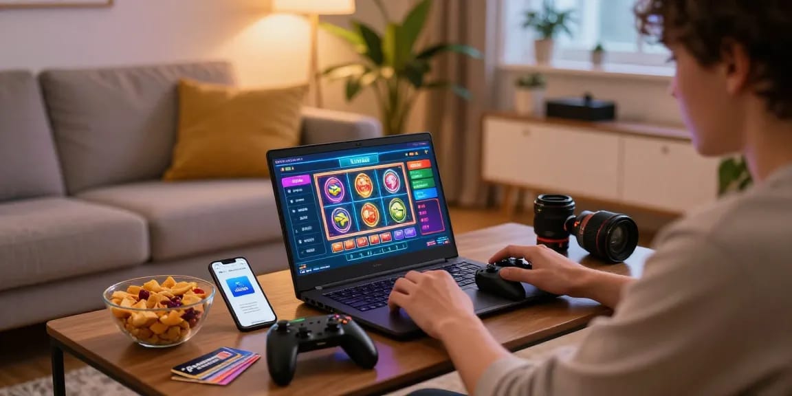 Paysafe Card Casino Spielszenen in einem gemütlichen Wohnzimmer mit einem Laptop und Paysafecard Gutscheinen.