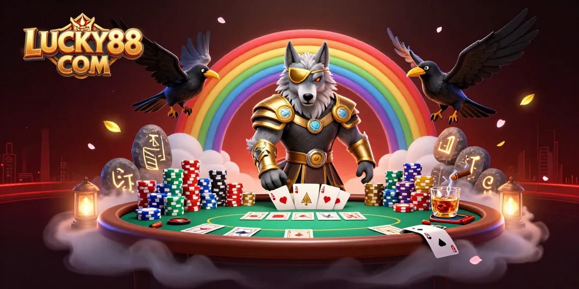 Engage with LUCKY88 COM while playing vibrant poker amidst a Norse-themed casino scene.