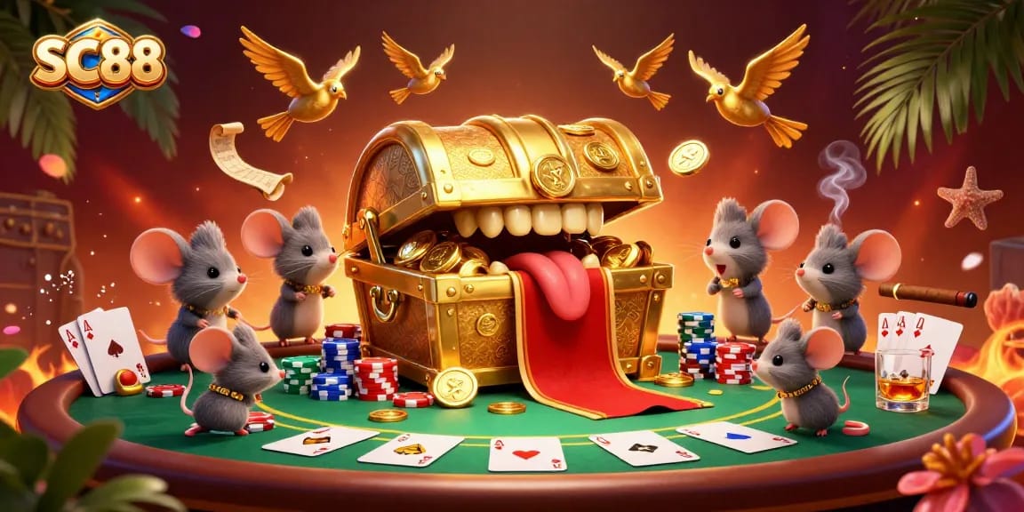 Engage with SC88 in an exciting 3D scene of a golden treasure-filled casino environment.