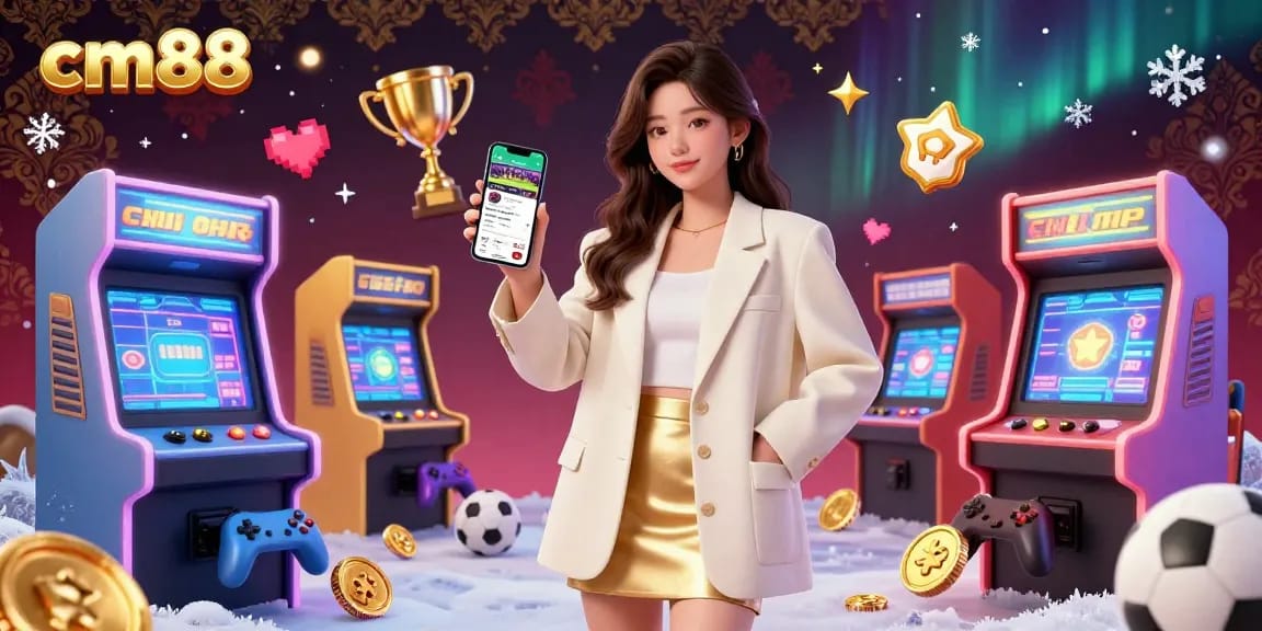 Experience gaming excitement with cm88, showcasing an Asian woman using a sports betting app amidst vibrant casino elements.