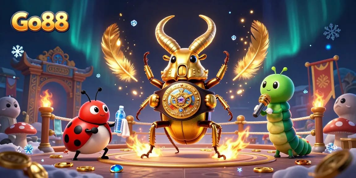 Go88 gaming scene featuring a giant stag beetle champion and vibrant casino elements.
