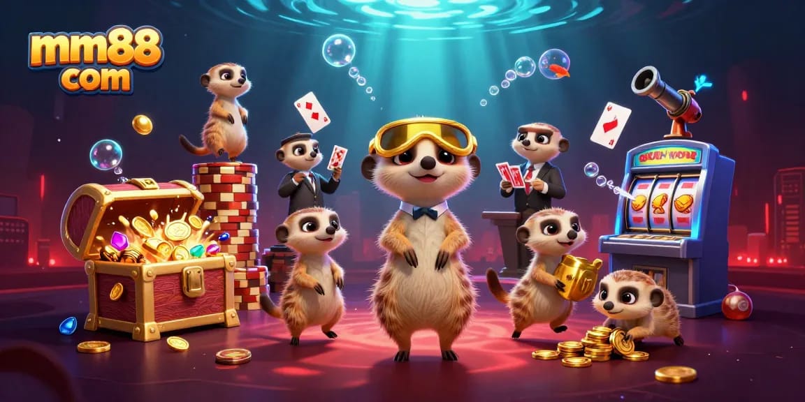 Experience the excitement at mm88 com with colorful slots and animated meerkats running the casino.