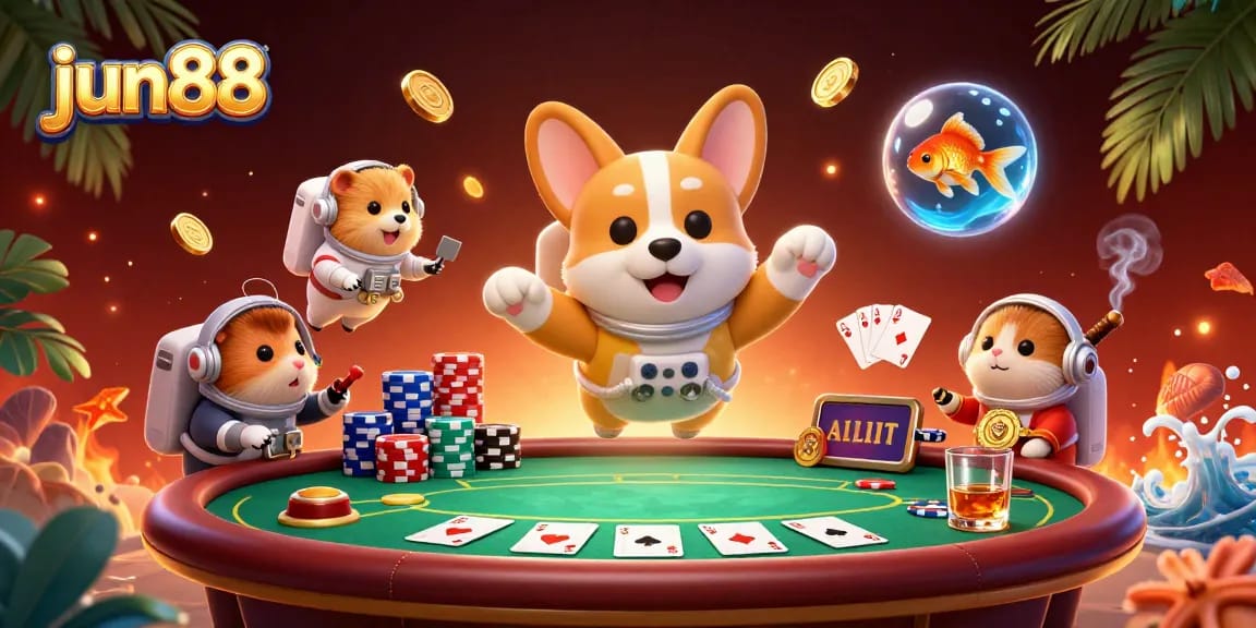 jun88's vibrant casino scene features a floating astronaut corgi amidst poker chips and excitement.