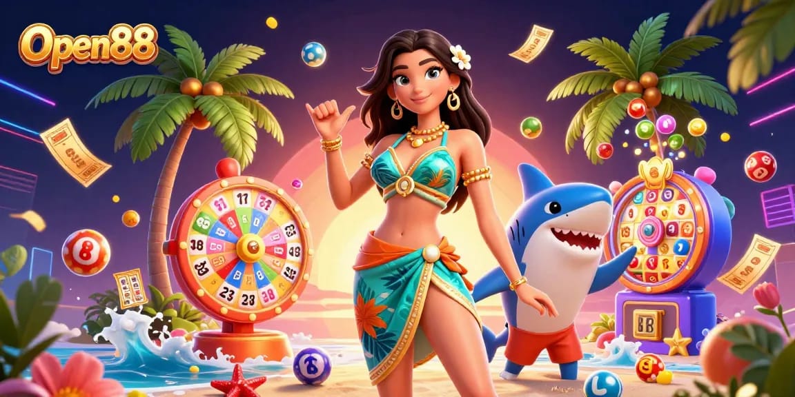 Play thrilling games at Open88 with vibrant lottery elements and a dynamic beach scene.