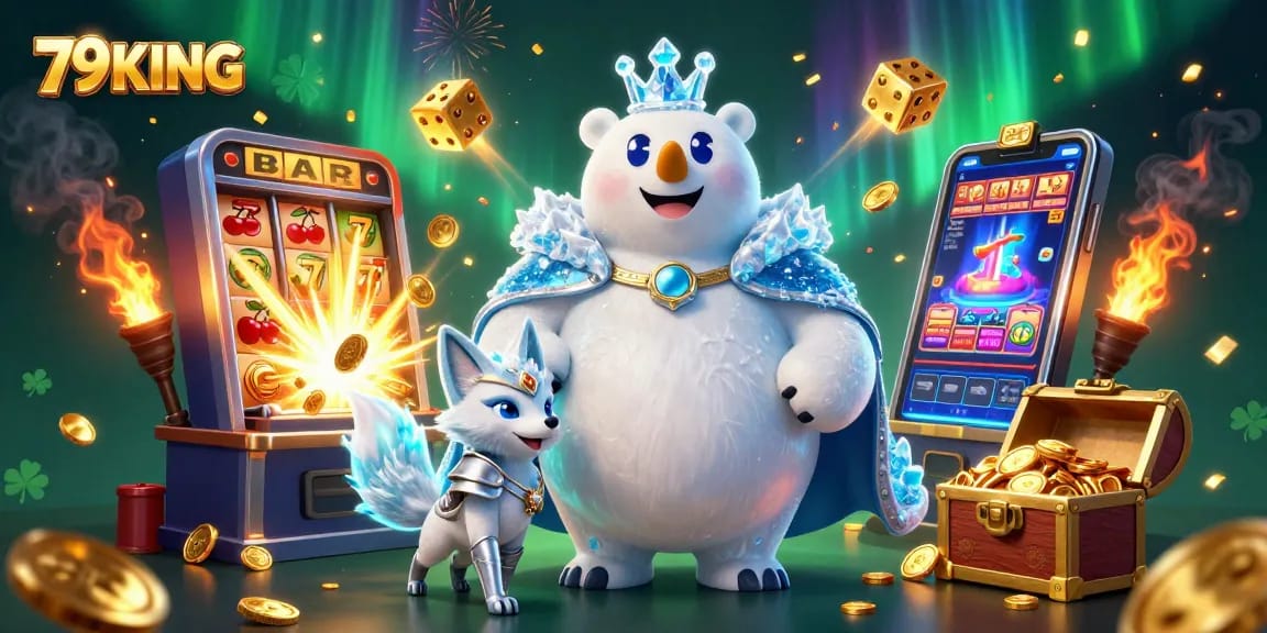 Experience the dazzling excitement of 79KING with vibrant casino elements and characters in a thrilling atmosphere.