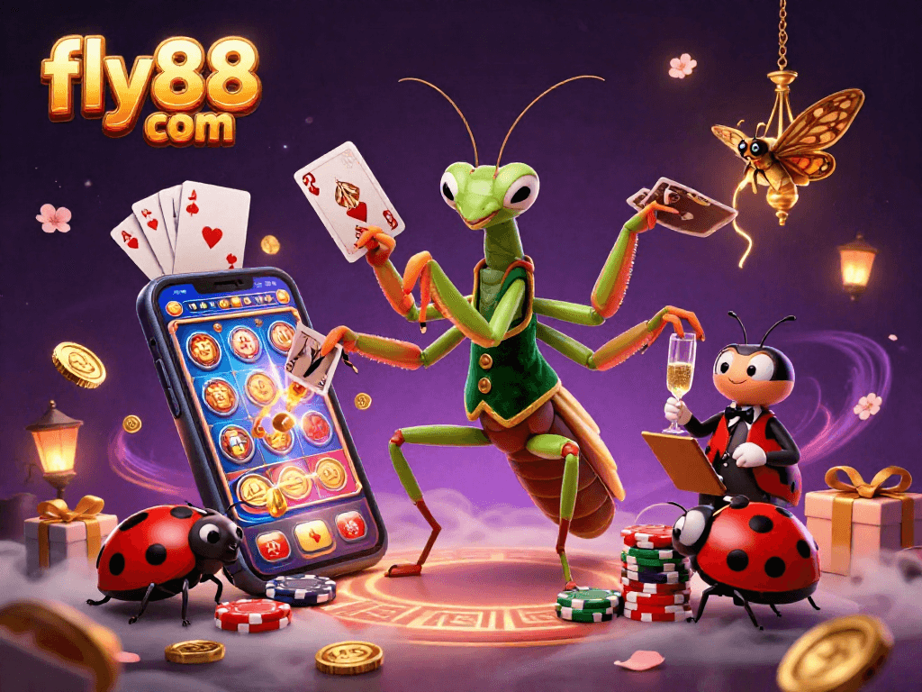 Engage with fly88 com in 3D illustration of a mantis card sharp dealing cards with vibrant casino elements.