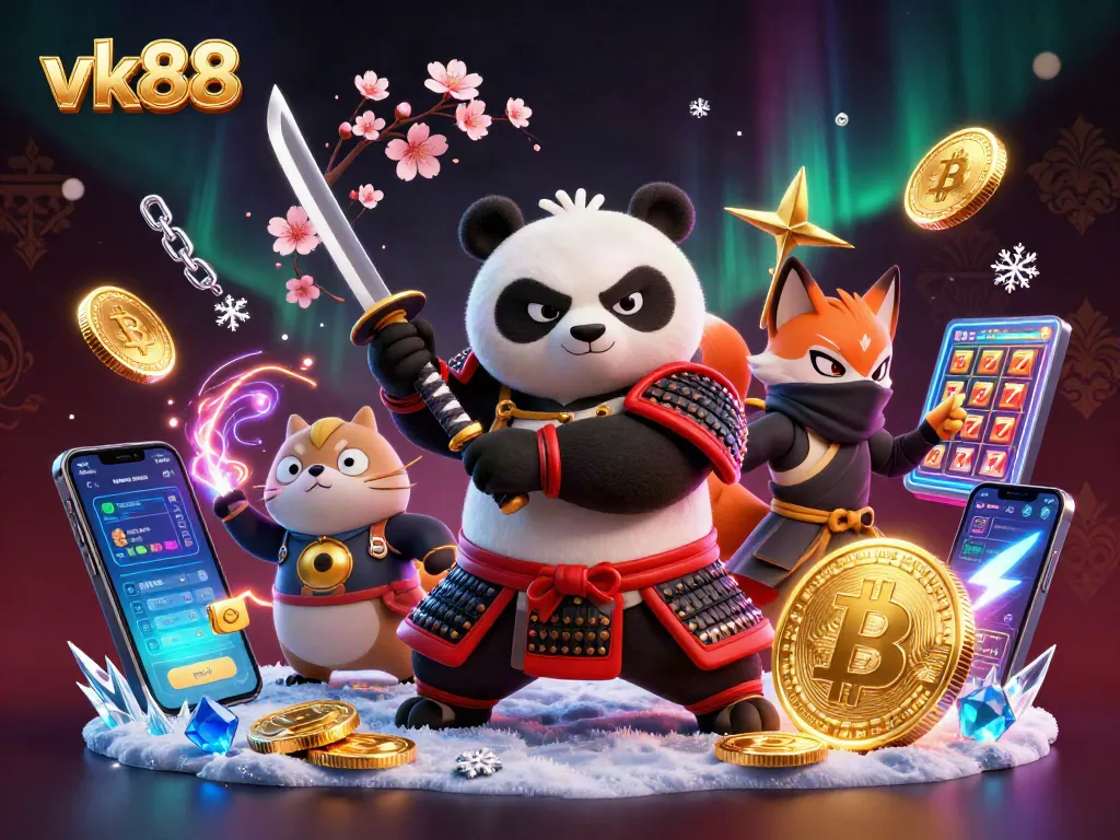 Experience the excitement of vk88 with a vibrant 3D panda samurai, sports betting elements, and dazzling casino graphics.