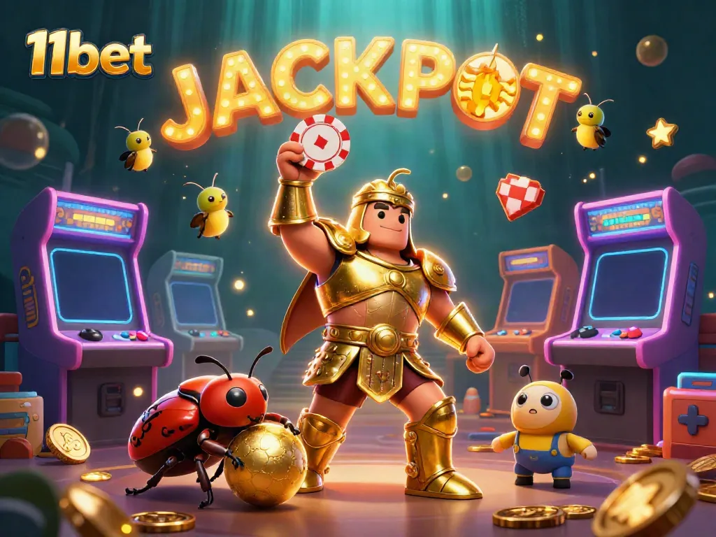 Win big at 11bet with our energetic heroes celebrating jackpot wins in a vibrant casino setting.