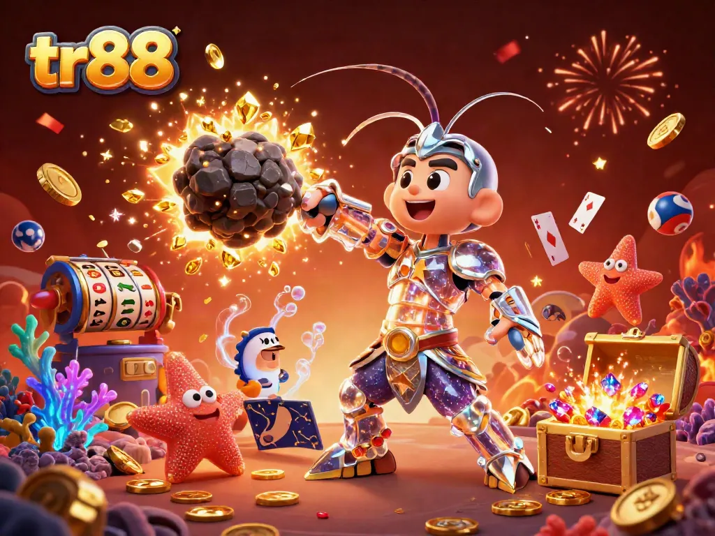 Experience the excitement of tr88 with a dynamic 3D scene of a mantis shrimp and starfish amid exploding treasures.