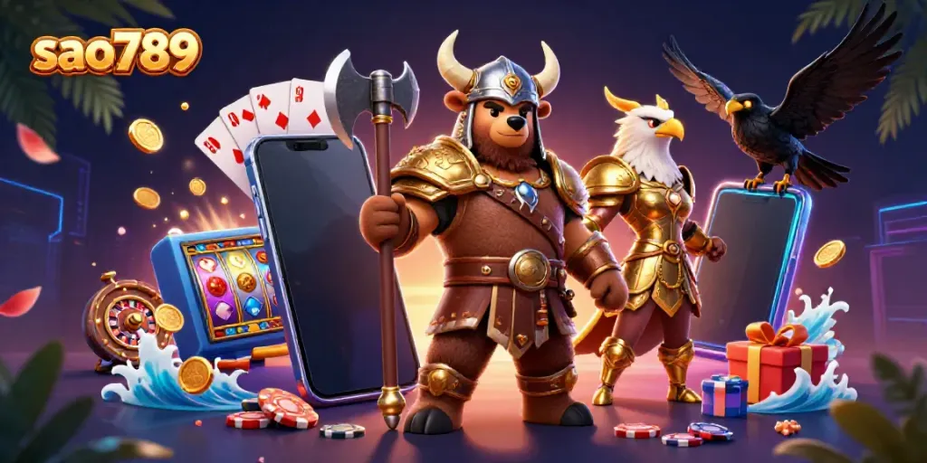 Engage in thrilling gaming adventures with sao789 featuring a Viking bear, Valkyrie eagle, and exciting casino elements.