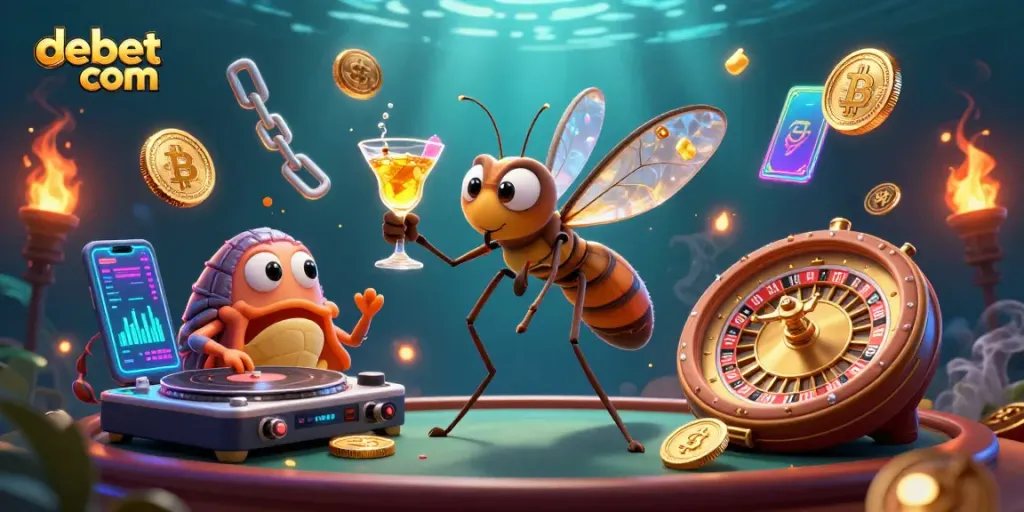 Play exciting games on debet com with unique characters enjoying a dynamic casino atmosphere.