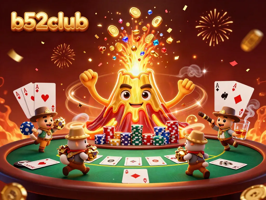 Experience the thrill of b52club with a vibrant 3D casino scene featuring a golden volcano of treasures and poker elements.