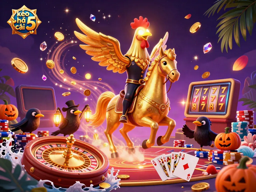 Experience the thrilling atmosphere of kèo nhà cái 5 as golden coins and gems illuminate a magical casino with an adventurous rooster.