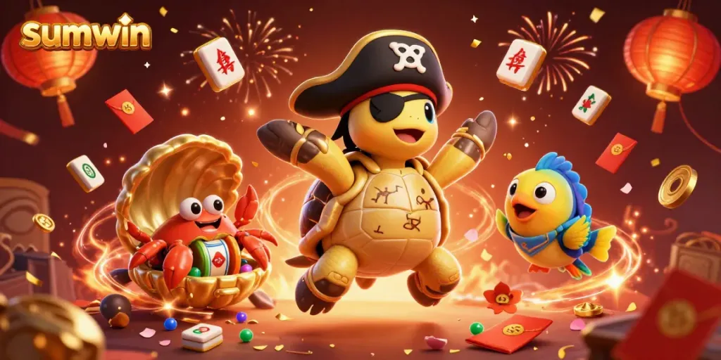 Experience excitement as sumwin showcases thrilling casino elements with vibrant characters and festive décor.