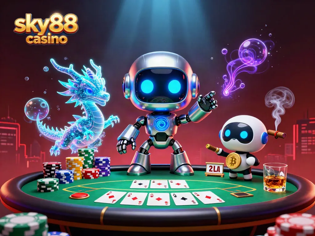 Experience the excitement of sky88 casino with a dynamic 3D illustration of gaming action.