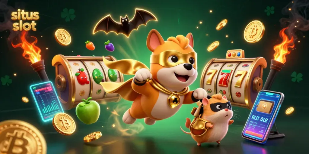 Gambarkan situs slot memukau dengan anjing superhero membawa koin emas dan simbol poker dalam desain yang penuh energi.