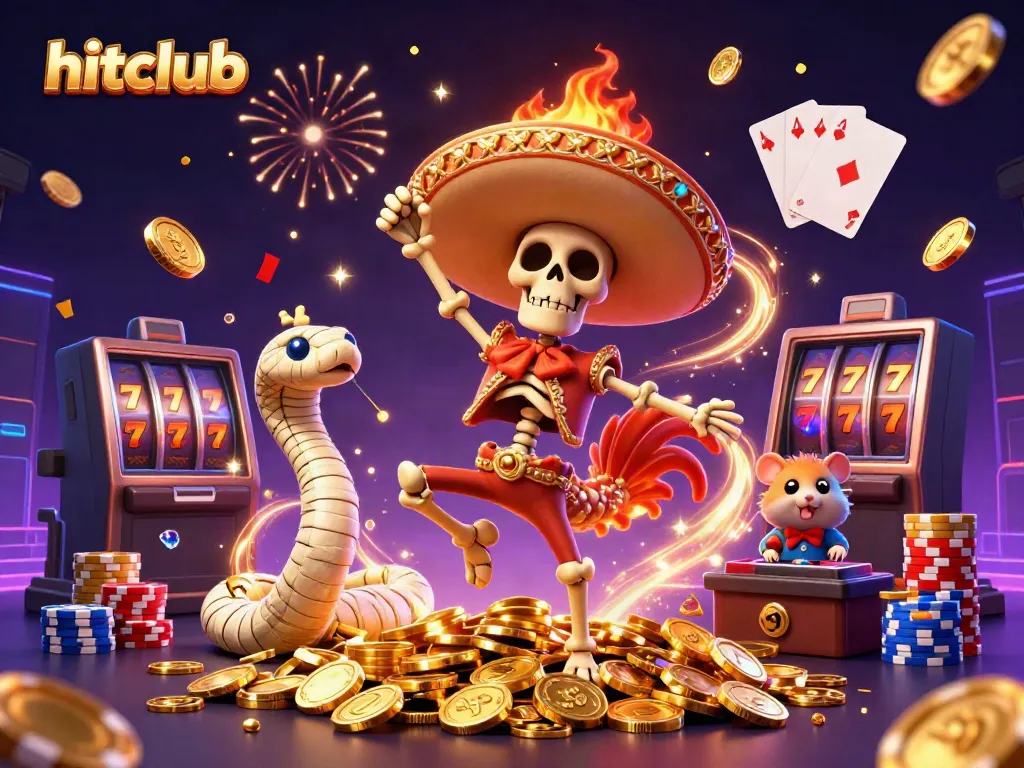 Experience the excitement of hitclub with cartoon characters celebrating winnings amidst vibrant casino elements.