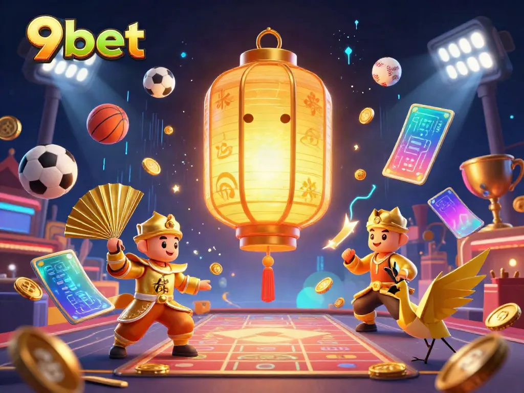 Engage in thrilling gameplay with 9bet's vibrant casino atmosphere, featuring golden symbols and dynamic sports elements.