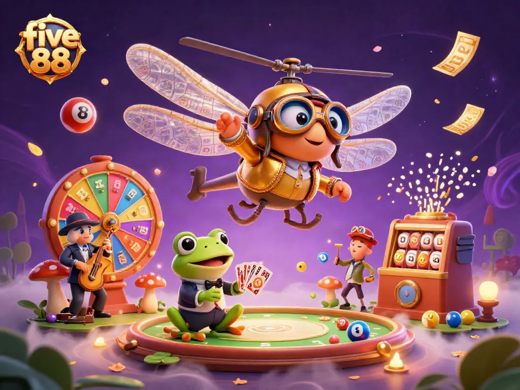 Experience the lively gaming world of five 88 with animated characters and dynamic casino elements.