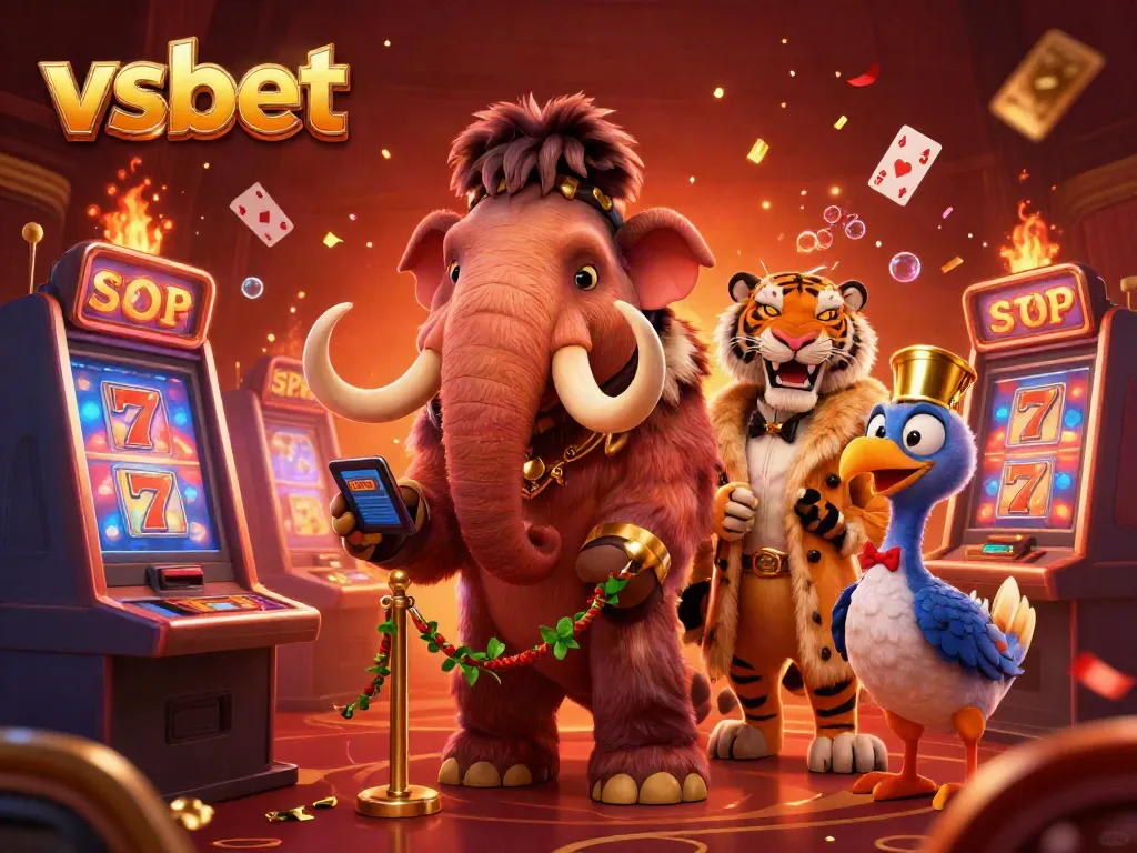 Experience the thrilling world of vsbet with lively casino characters celebrating among jackpot reels and festive confetti.