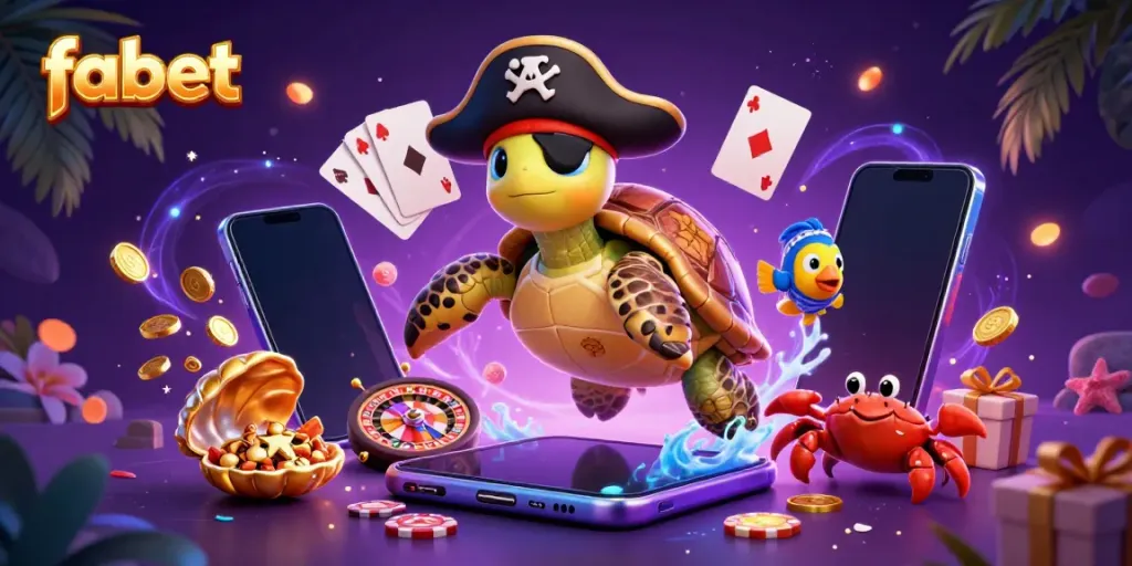 Engaging fabet scene featuring a cartoon pirate turtle, treasure, and vibrant casino elements.