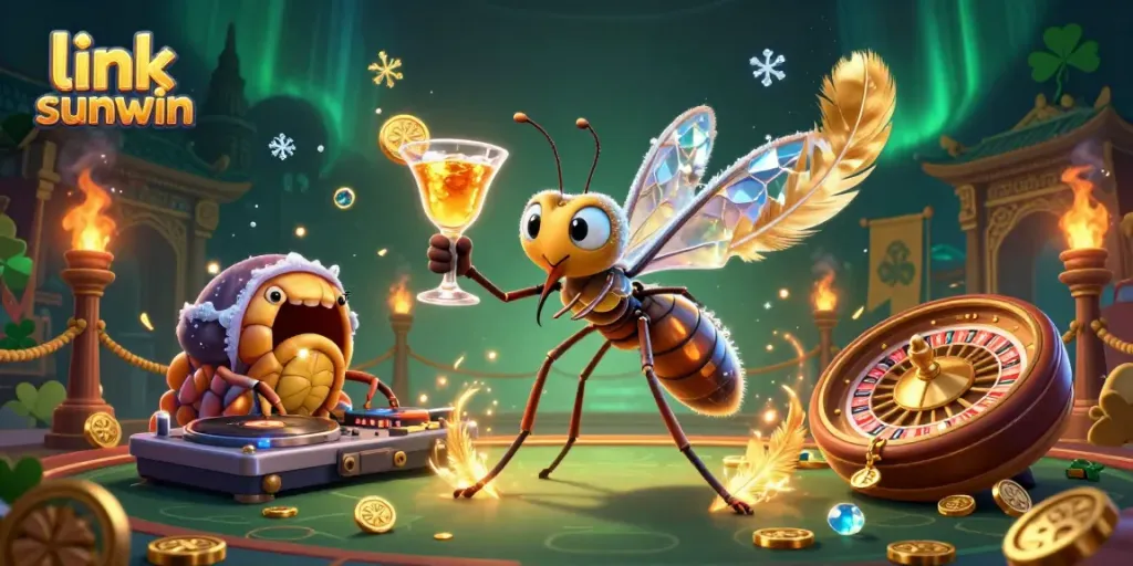 Engage with excitement at link sunwin with our lively 3D casino illustration showcasing iconic game elements.