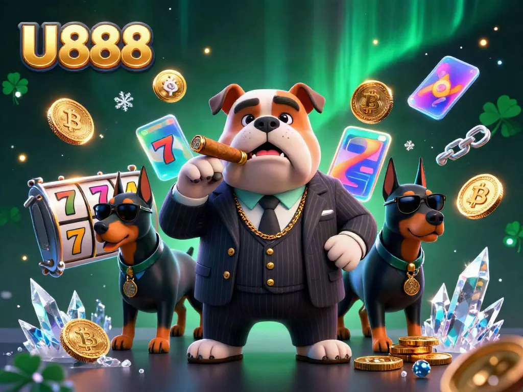 Experience thrilling slots action with U888 alongside a cartoon mafia bulldog and two Doberman bodyguards in a dynamic casino scene.