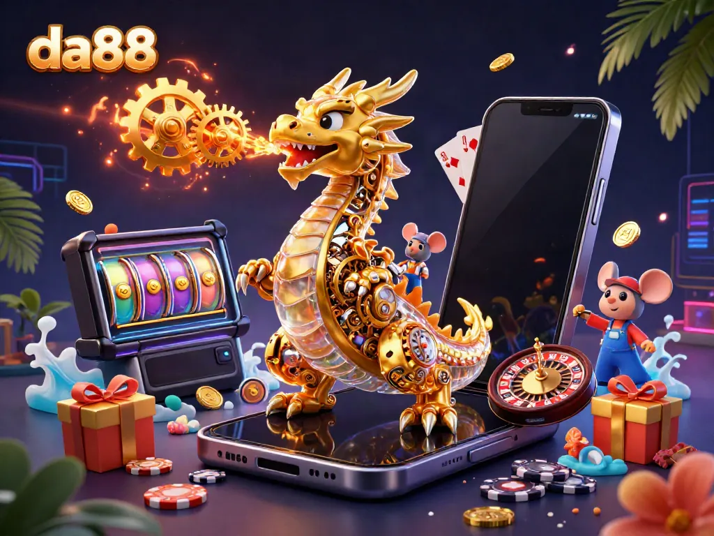 Experience thrilling gameplay at da88 with a golden dragon and dynamic slot game elements in a vibrant casino illustration.