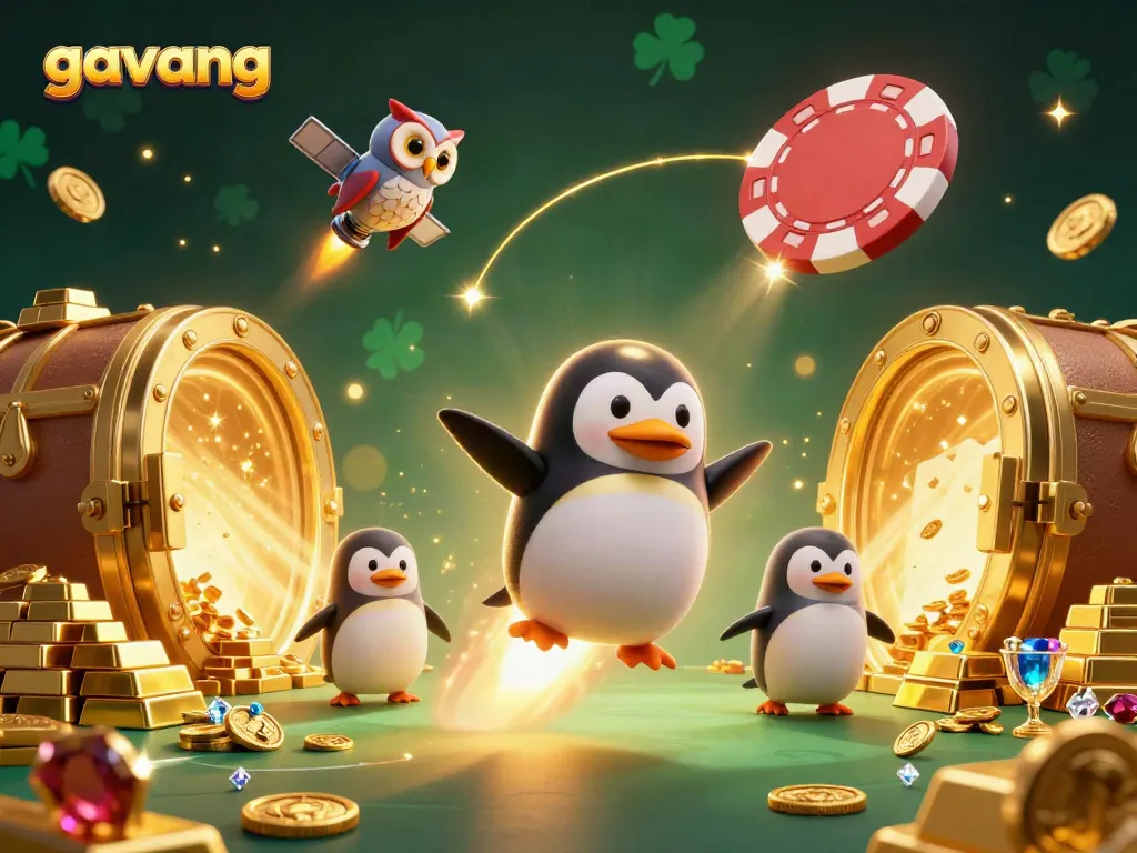 Watch the golden penguin soar in space towards the gavang casino station, delivering riches and excitement.