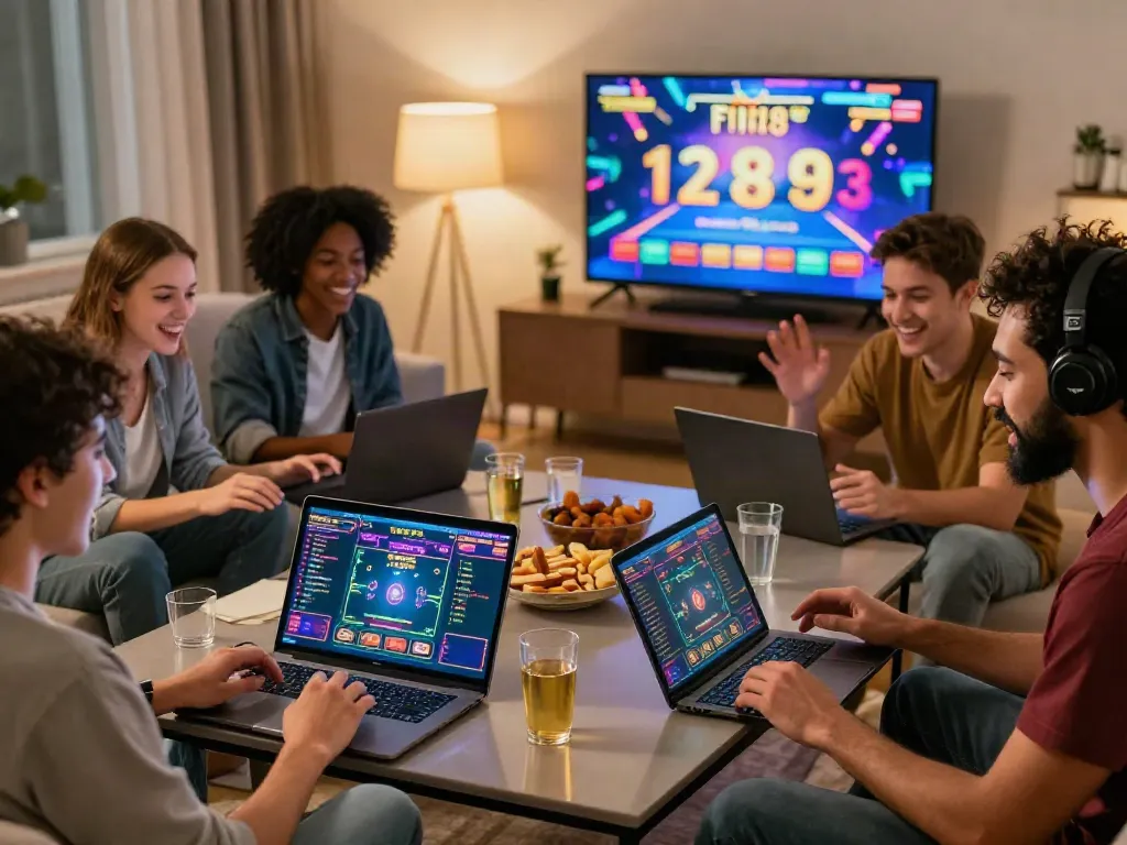Dynamic scene of friends enjoying FIVE88 online gaming at home with exciting visuals.