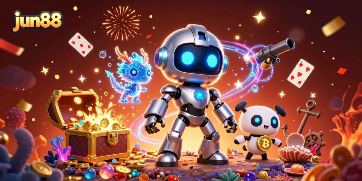 Join the action at jun88 with vibrant 3D casino characters and magical game elements surrounding them.