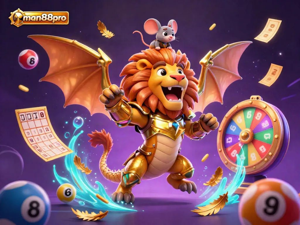 Join the excitement at man88pro with a vibrant 3D chimera amid sparkling lottery elements.