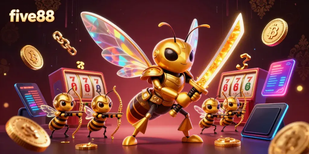 Engage in thrilling gameplay at five88 with a vibrant illustration of a hornet warrior in a lively casino setting.