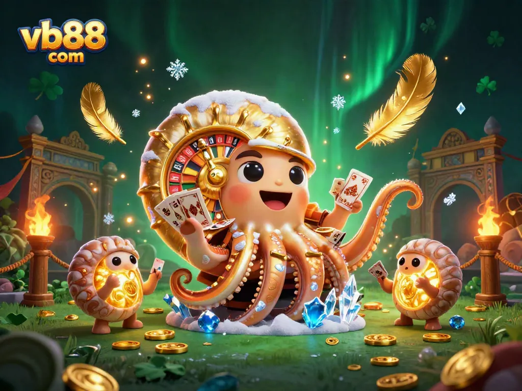 Engage with vb88 com's vibrant gaming scene featuring an ancient nautilus roulette wheel and glowing ammonite companions.