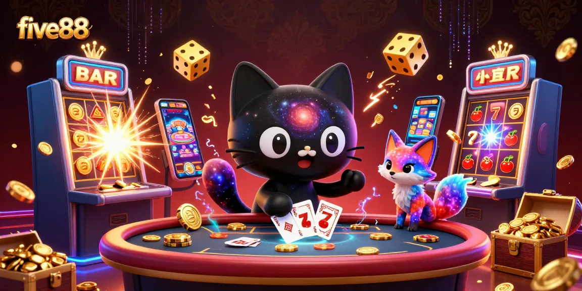Experience the cosmic excitement of five88 with a dynamic casino scene featuring a black hole cat and colorful fox.