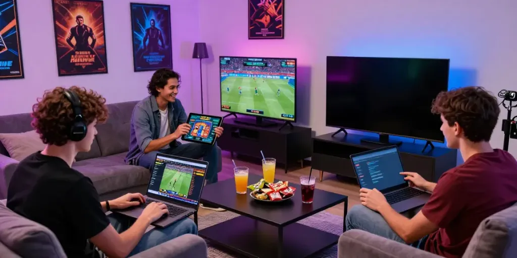 Engaged gamers collaborating at a dynamic setup reflecting the excitement of https://ku88vt.com/ online gaming.