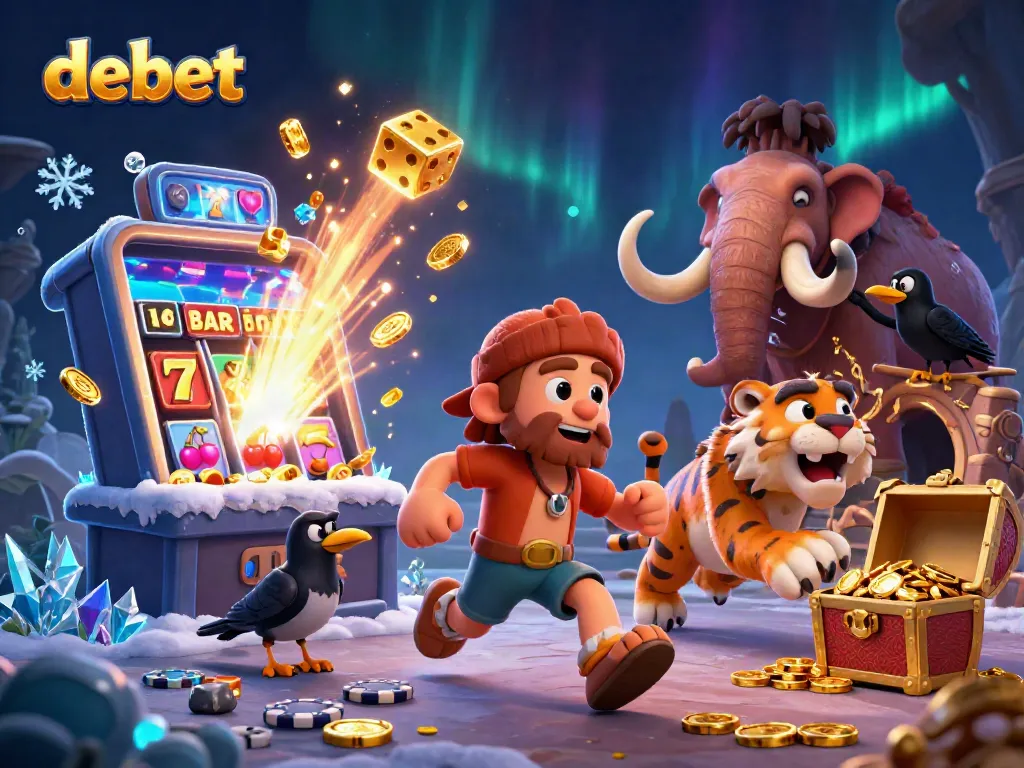 Play with debet at a vibrant prehistoric casino featuring a caveman and tiger duo amidst jackpot excitement.
