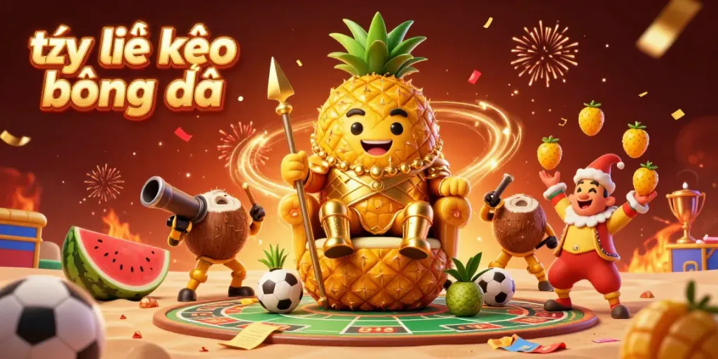 Engage with the excitement of tỷ lệ kèo bóng đá in a vibrant sports betting scene featuring the golden pineapple king and dynamic elements.