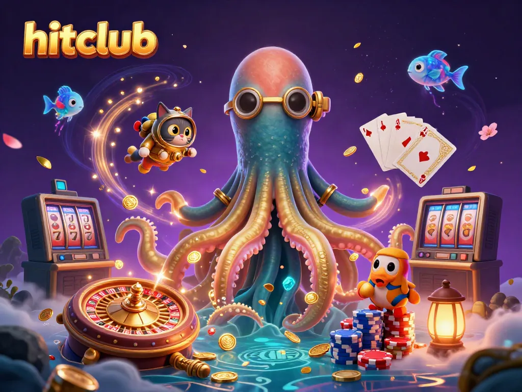 Engage with hitclub's lively gaming experience featuring a kraken, diving cat, and treasure.