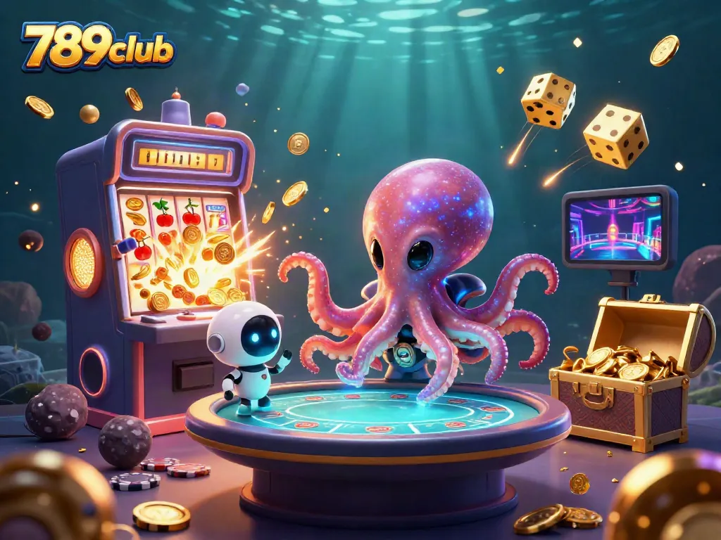 The 789club alien octopus masters a holographic poker table amidst a jackpot explosion of coins and vibrant casino elements.