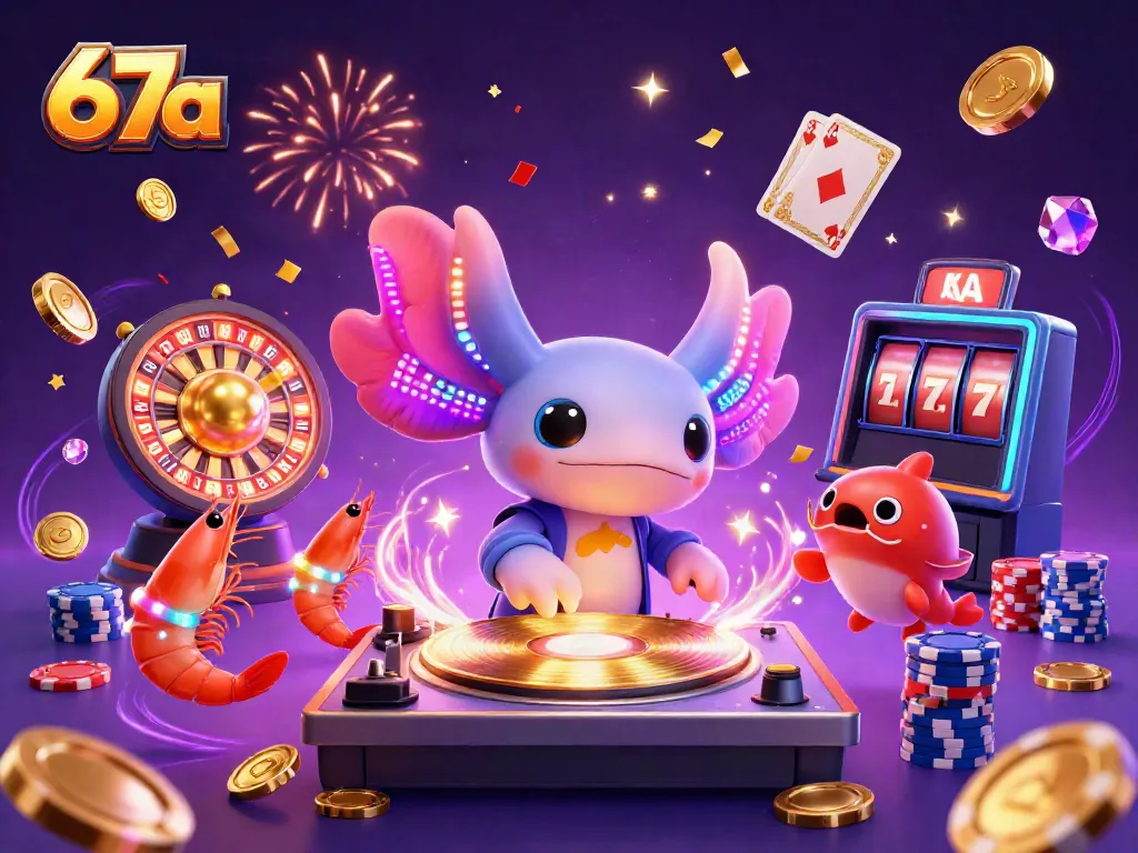 Engage with 67a's lively casino scene featuring a DJ axolotl and vibrant game elements.