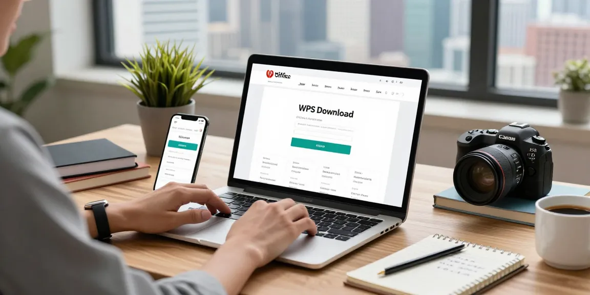 WPS Download page showcased on a laptop in a modern workspace.