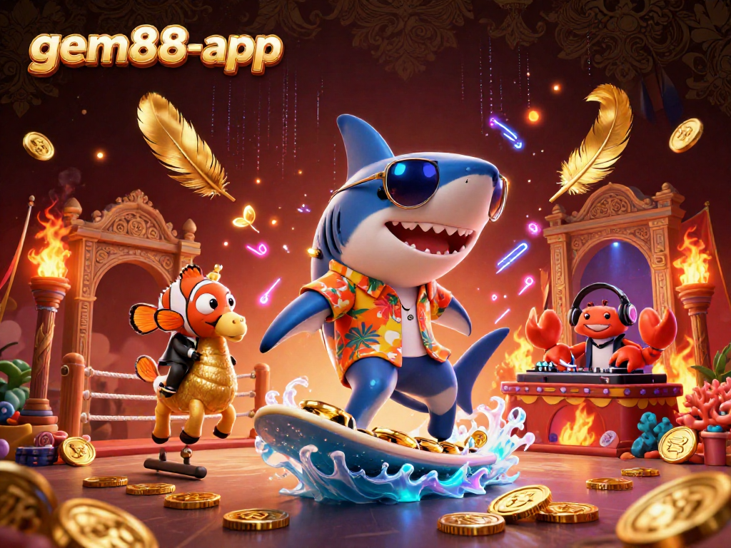 Experience gem88-app with a vibrant underwater casino scene featuring animated characters on a wave of gold.
