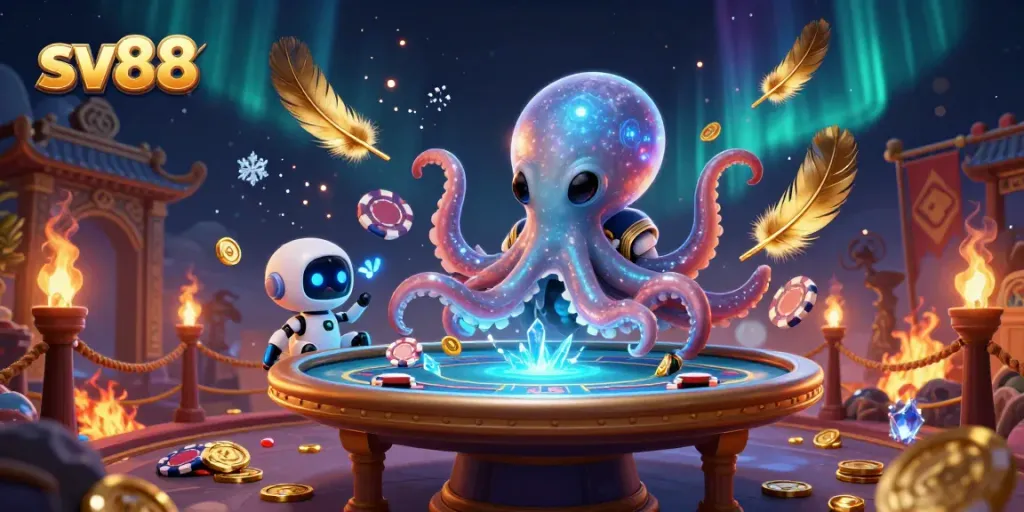 sv88 alien octopus plays poker with robot in vibrant casino scene with floating chips