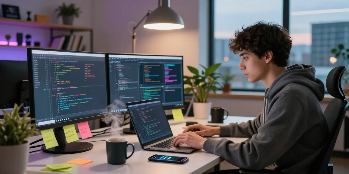 快连 enhances productivity in a modern tech workspace filled with coding and vibrant atmosphere