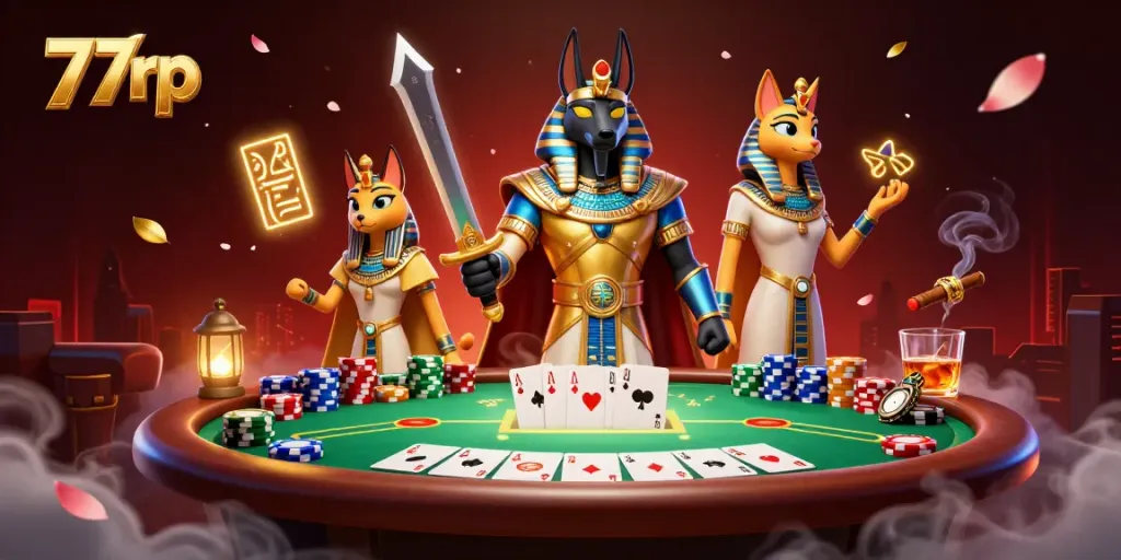 Engage in thrilling gaming at 77rp with Anubis and Bastet in a vibrant poker scene.